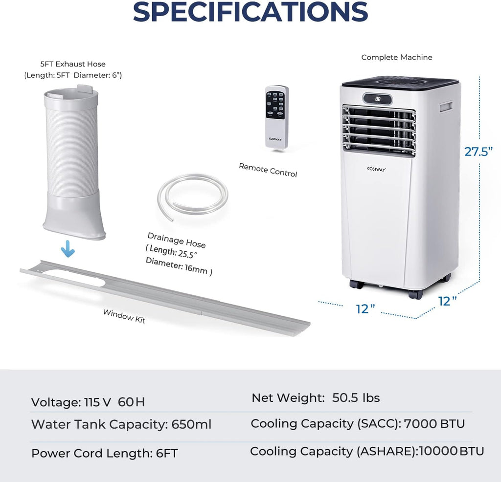 Costway 4-in-1 Portable Air Conditioner 10000 BTU with Dehumidifier and Fan Mode New