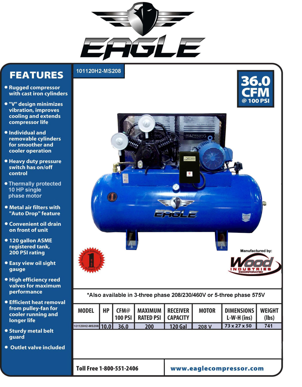 Eagle Air Compressor with Mag Starter 200 PSI 120 Gallon 36 CFM 10 HP Single Phase 208V New
