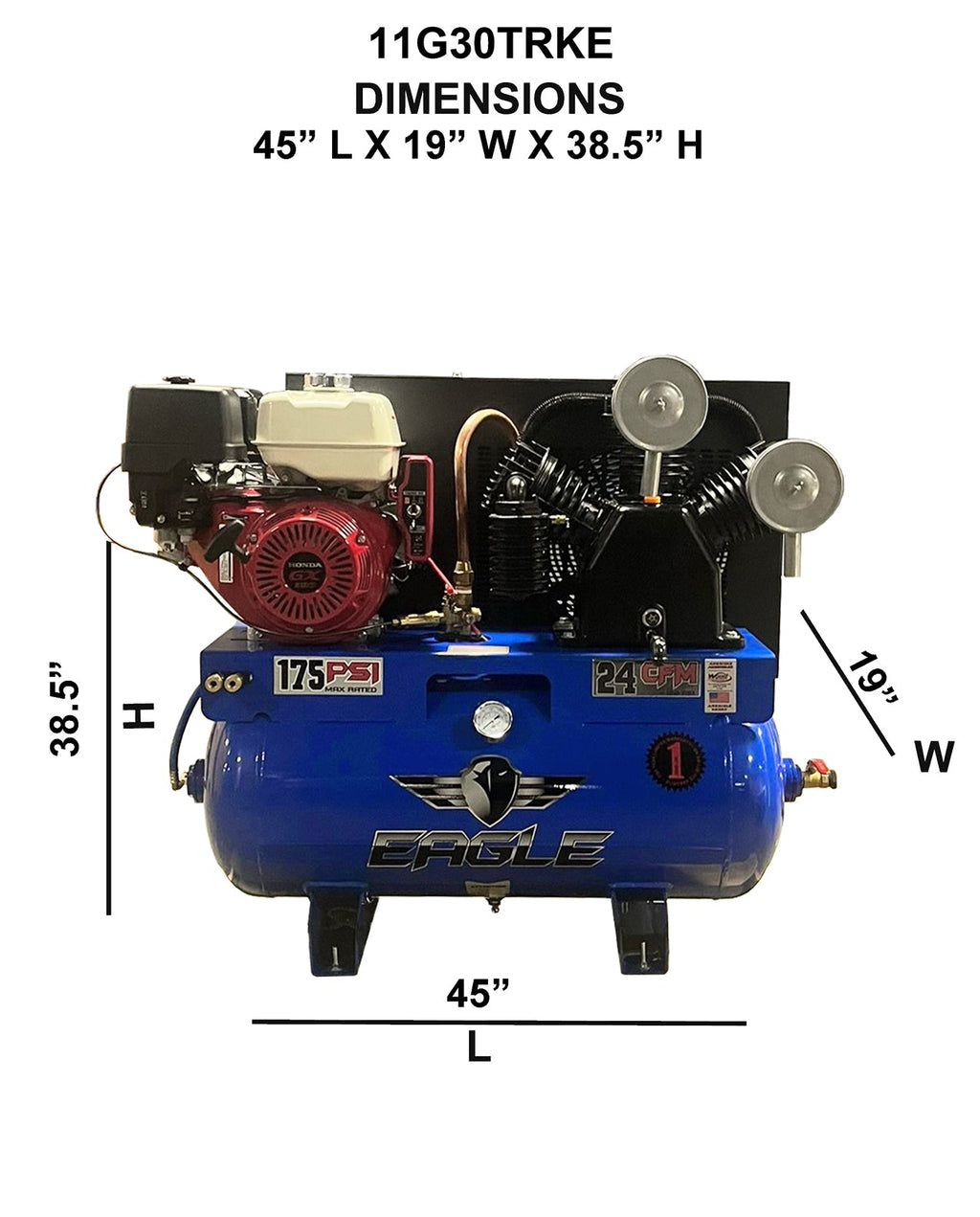 Eagle Truck Mount Air Compressor 175 PSI 30 Gal. 24 CFM 13 HP Honda GX340 Electric Start 11G30TRKE New