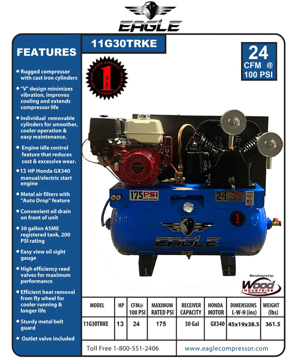 Eagle Truck Mount Air Compressor 175 PSI 30 Gal. 24 CFM 13 HP Honda GX340 Electric Start 11G30TRKE New