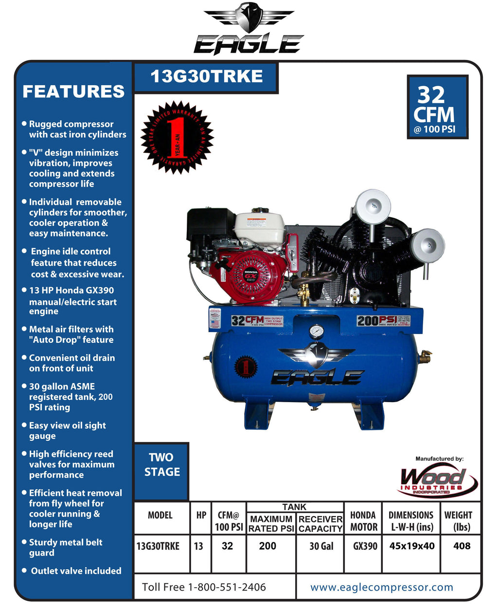 Eagle Truck Mount Air Compressor 200 PSI 30 Gal. 13 HP Honda GX390 Electric Start 13G30TRKE New