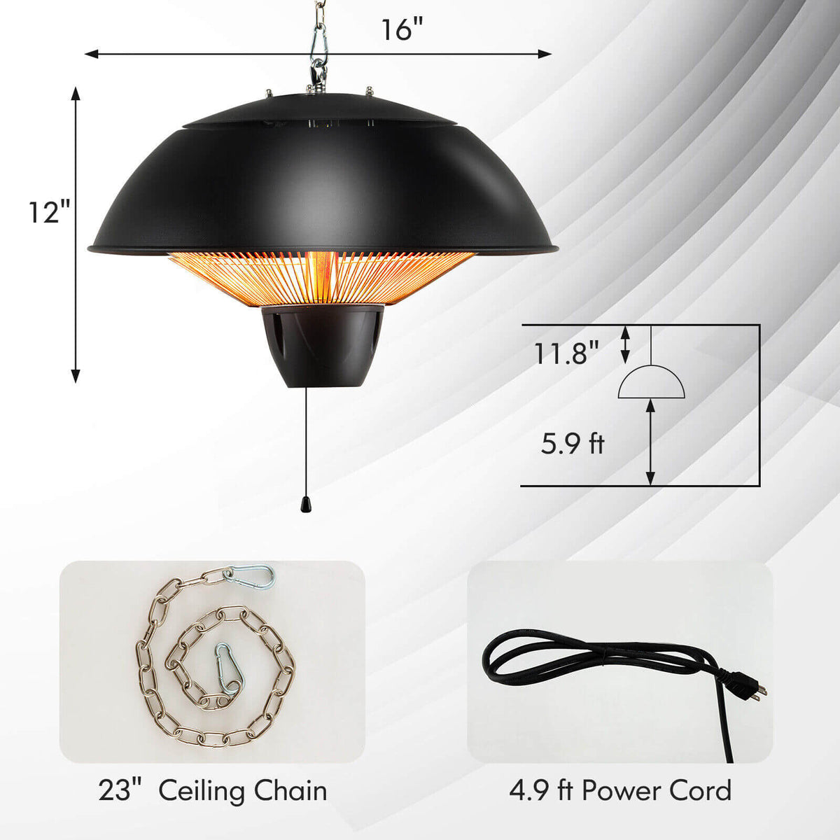 Costway 1500W Electric Hanging Patio Heater IPX4 Waterproof 51638927 New