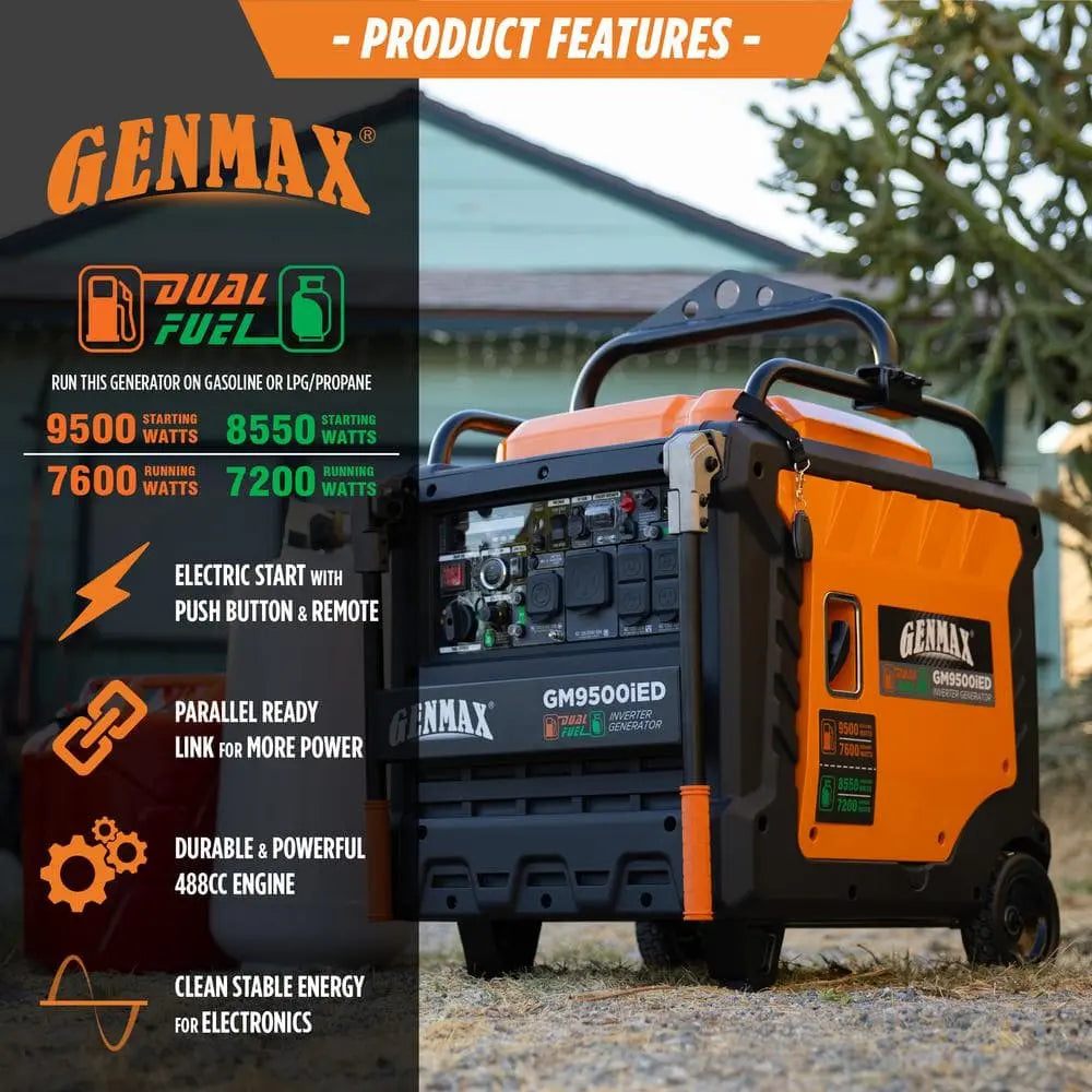 GENMAX GM9500iEDC 50 Amp 7600W/9500W Inverter Generator Dual Fuel Gas Propane Remote Start CO Sensor New