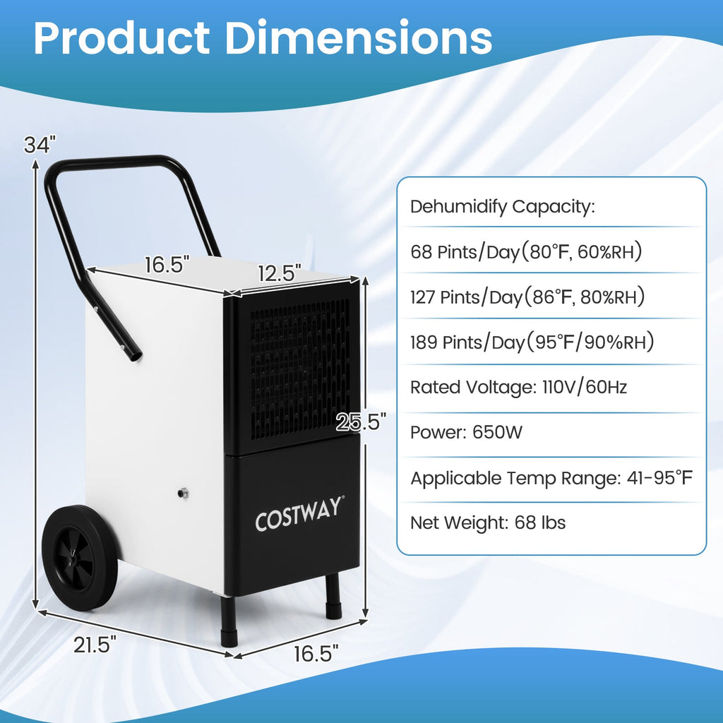 Costway 189 Pint Commercial Dehumidifier Built-in Water Pump 72124330 New