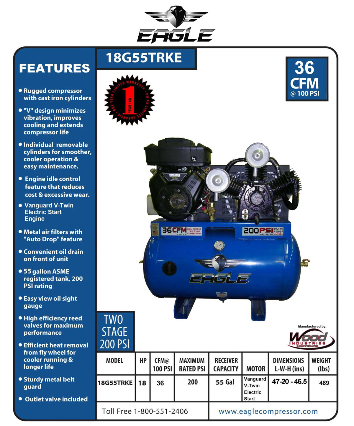 Eagle Truck Mount Air Compressor 200 PSI 55 Gal. 36 CFM 18 HP Vanguard Electric Start 18G55TRKE New