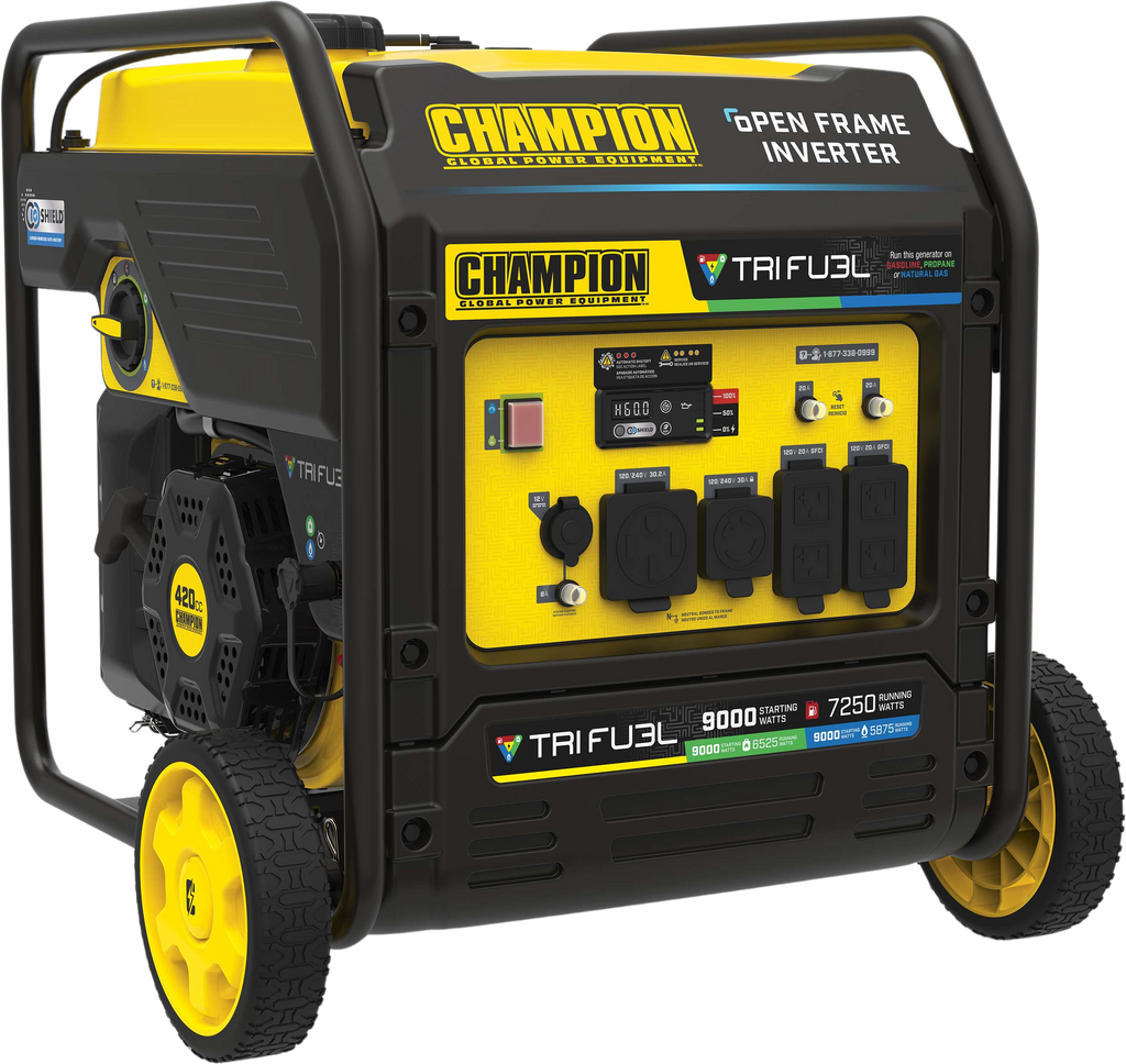 Champion 201176 7250W/9000W Generator Tri-Fuel Gas Propane Natural Gas 50A Inverter Open Frame CO Shield Electric Start New