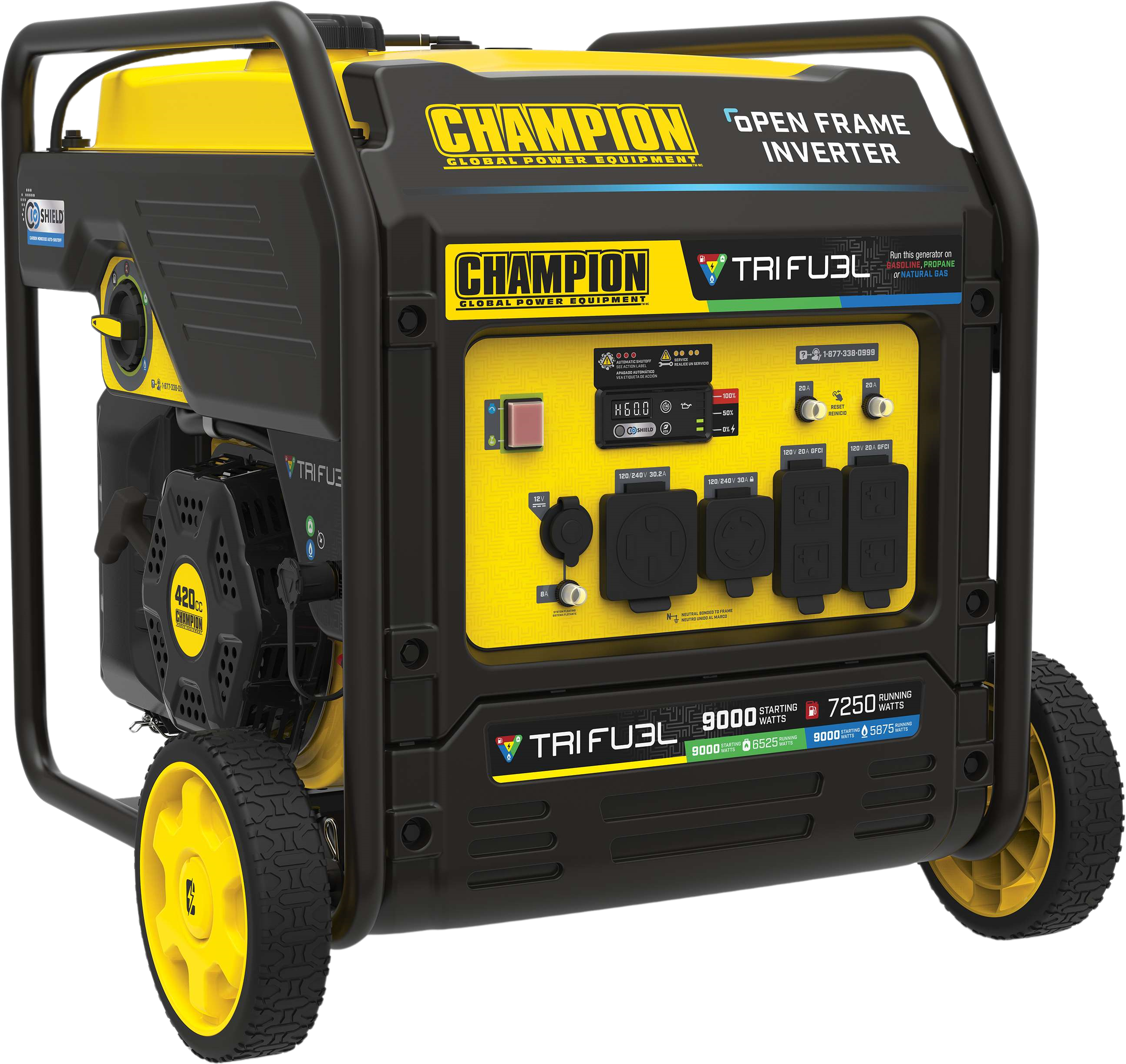 Champion 201176 7250W/9000W Generator Tri-Fuel Gas Propane Natural Gas 50A Inverter Open Frame CO Shield Electric Start New