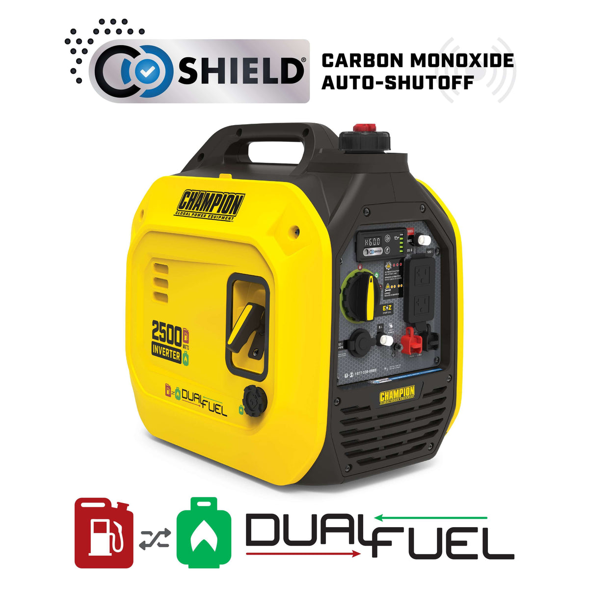 Champion 201323 1850W/2500W Generator Inverter Dual Fuel Gas Propane with CO Shield New