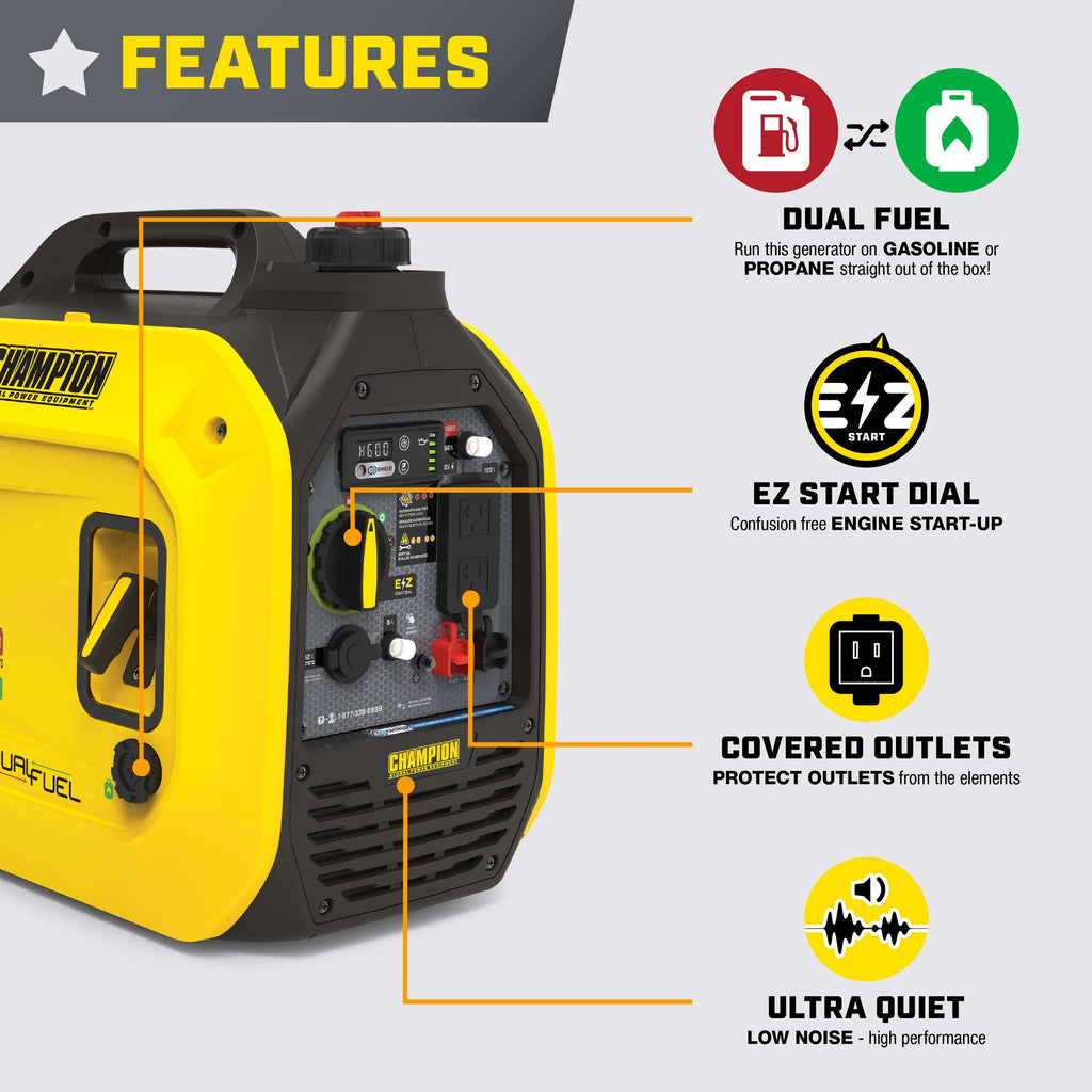 Champion 201323 1850W/2500W Generator Inverter Dual Fuel Gas Propane with CO Shield New