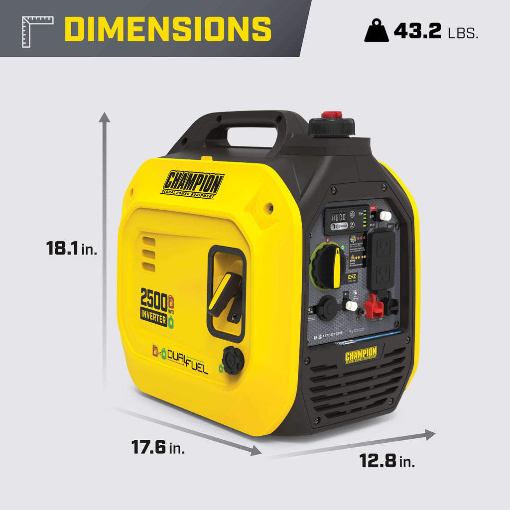 Champion 201323 1850W/2500W Generator Inverter Dual Fuel Gas Propane with CO Shield New