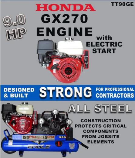 Eagle TT90GE Air Compressor Wheelbarrow 150 PSI 10 Gallon 18.5 CFM 9 HP Honda GX270 Electric Start New
