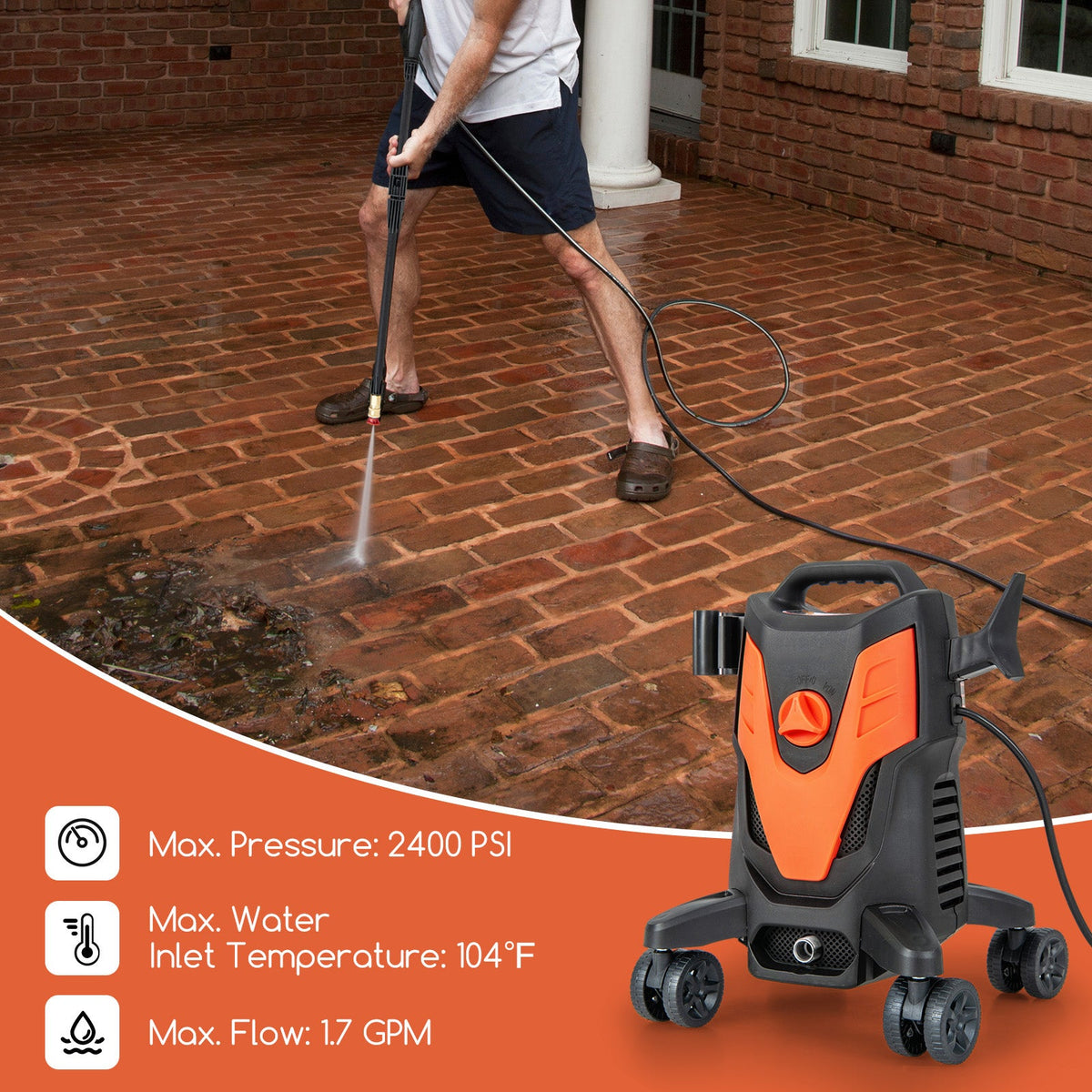 Costway 2400 PSI 1.7 GPM Electric Pressure Washer 4-Wheel 34612987 New