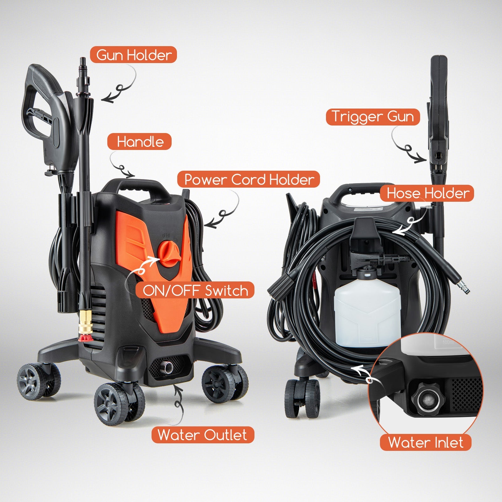 Costway 2400 PSI 1.7 GPM Electric Pressure Washer 4-Wheel 34612987 New