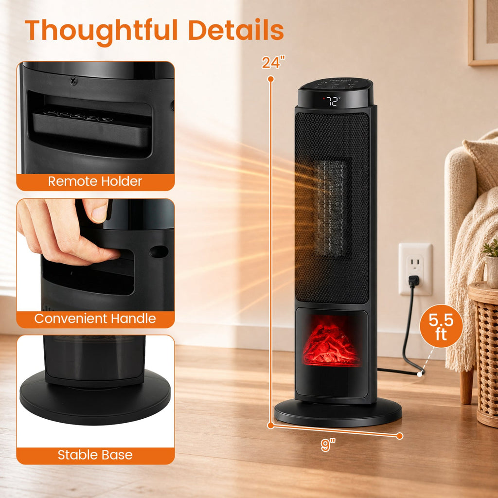 Costway 24" 1500W PTC Ceramic Tower Space Heater w/ 7-Color Flame 62805591 New