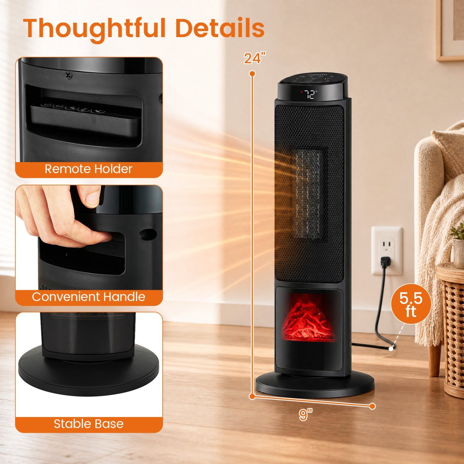 Costway 24" 1500W PTC Ceramic Tower Space Heater w/ 7-Color Flame 62805591 New