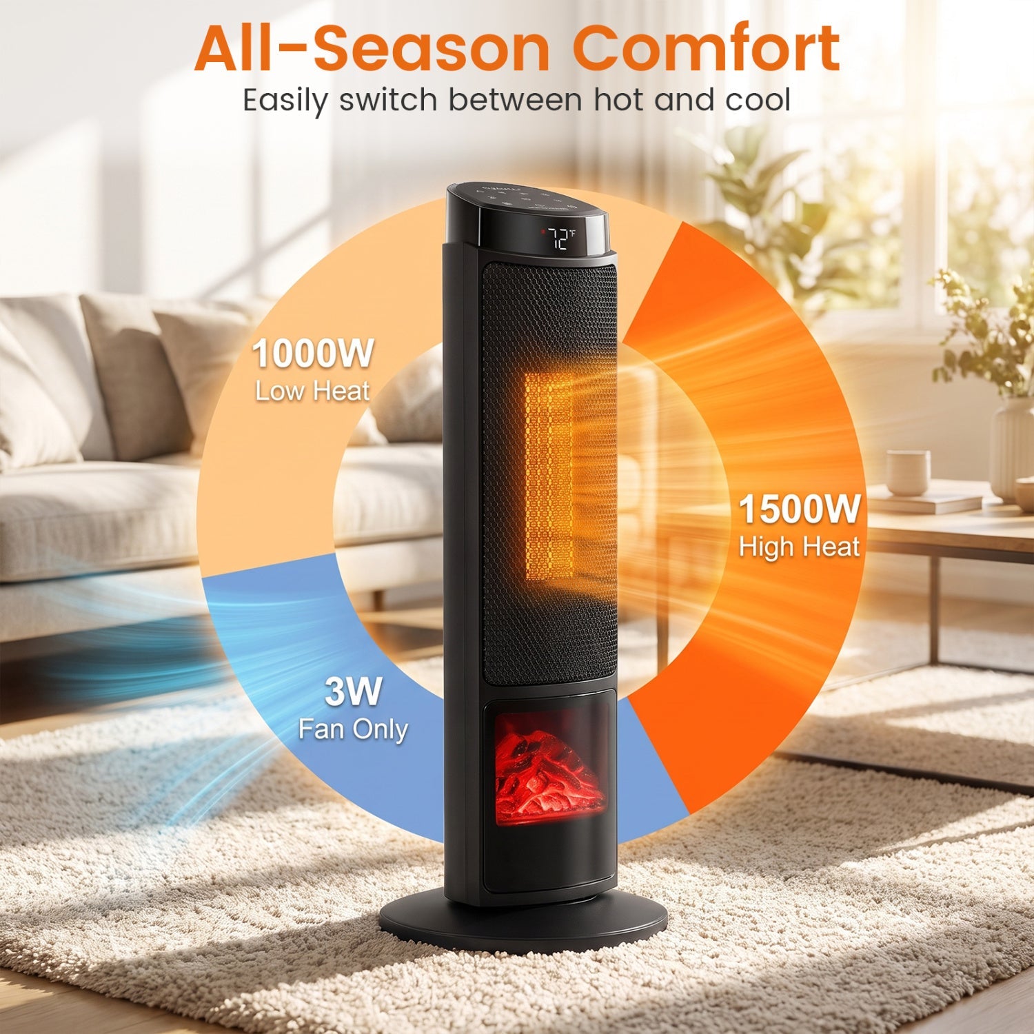Costway 24" 1500W PTC Ceramic Tower Space Heater w/ 7-Color Flame 62805591 New