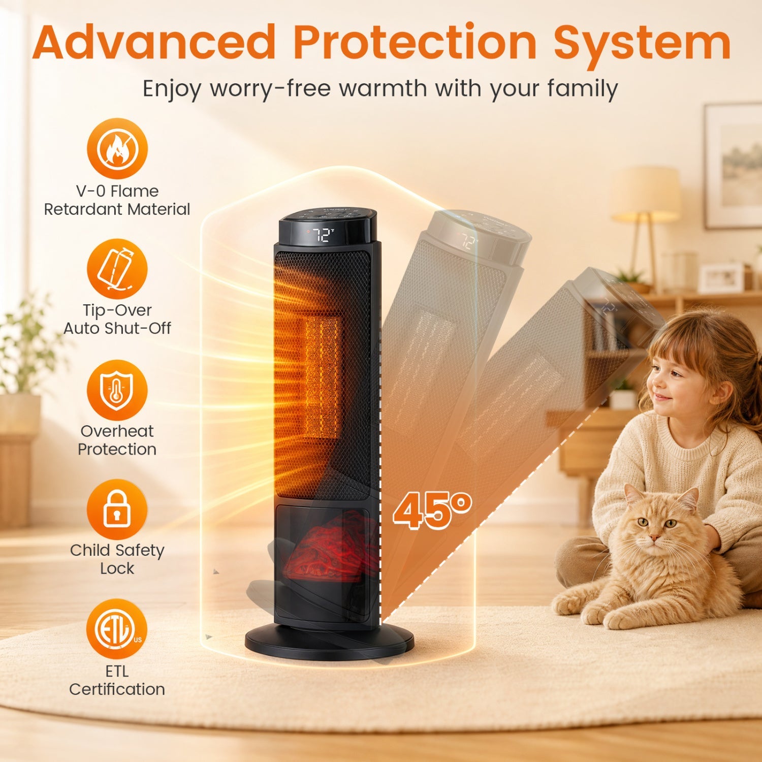 Costway 24" 1500W PTC Ceramic Tower Space Heater w/ 7-Color Flame 62805591 New