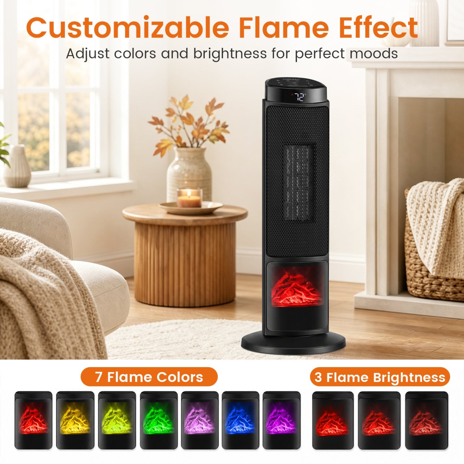 Costway 24" 1500W PTC Ceramic Tower Space Heater w/ 7-Color Flame 62805591 New