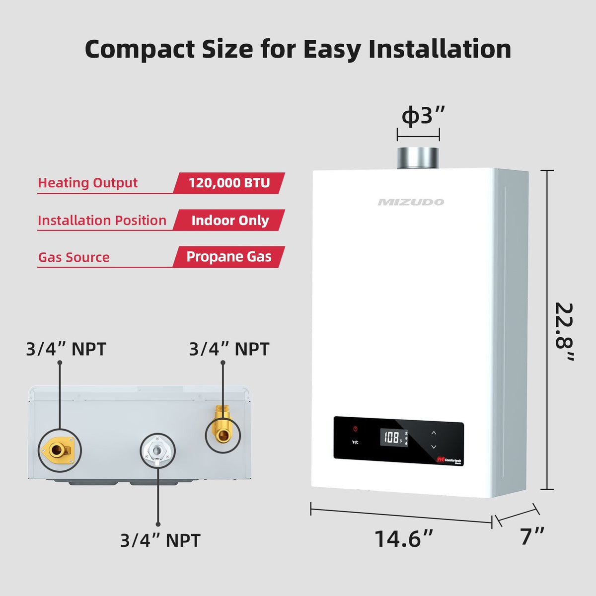 Mizudo CS120 Tankless Water Heater Propane Gas 5.1 GPM 120,000 BTU New