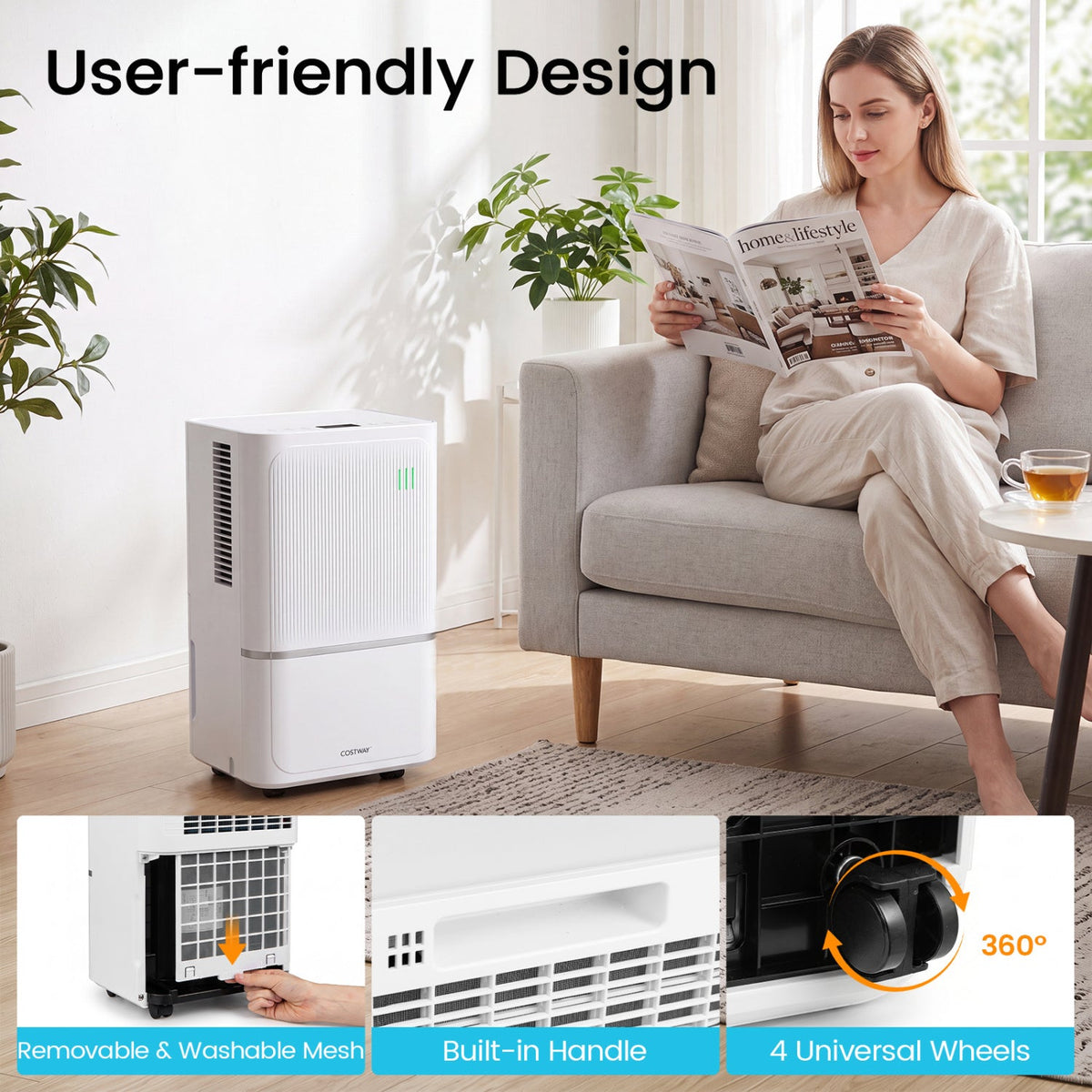 Costway 32 Pint Dehumidifier w/ Drain Hose Intelligent Control 2500 Sq Ft 54913037 New