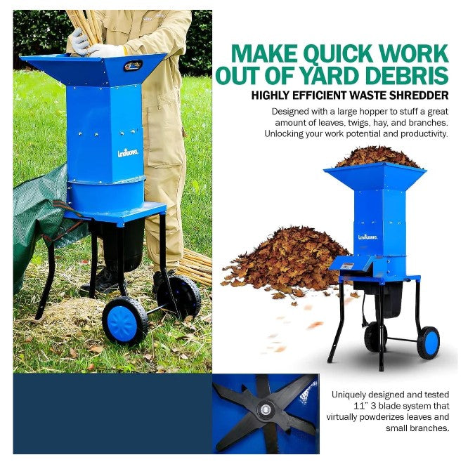 Landworks GUO049 Electric Shredder and Mulcher 120V AC 11" Cutting Blade .5" Cutting Capacity New