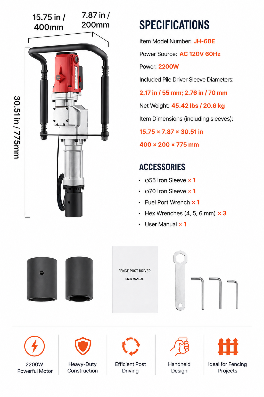 2200W Electric T-Post Driver – Heavy-Duty Handheld Fence Post Pounder