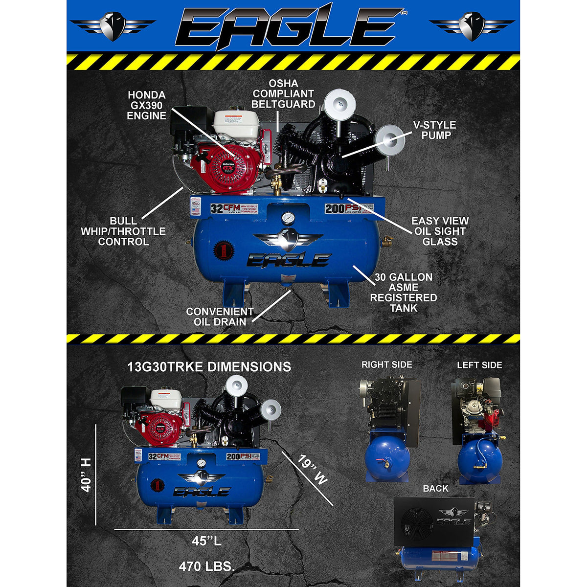 Eagle Truck Mount Air Compressor 200 PSI 30 Gal. 13 HP Honda GX390 Electric Start 13G30TRKE New