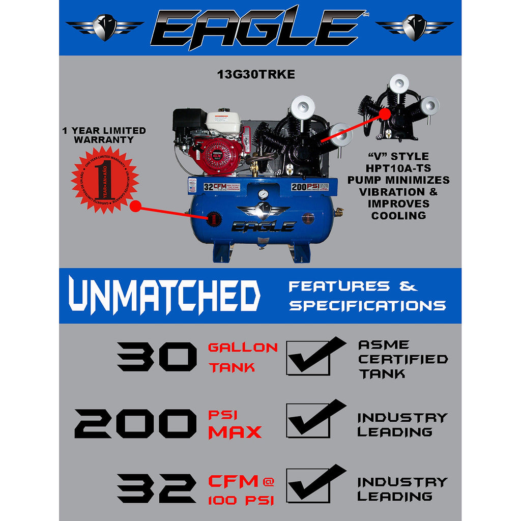 Eagle Truck Mount Air Compressor 200 PSI 30 Gal. 13 HP Honda GX390 Electric Start 13G30TRKE New