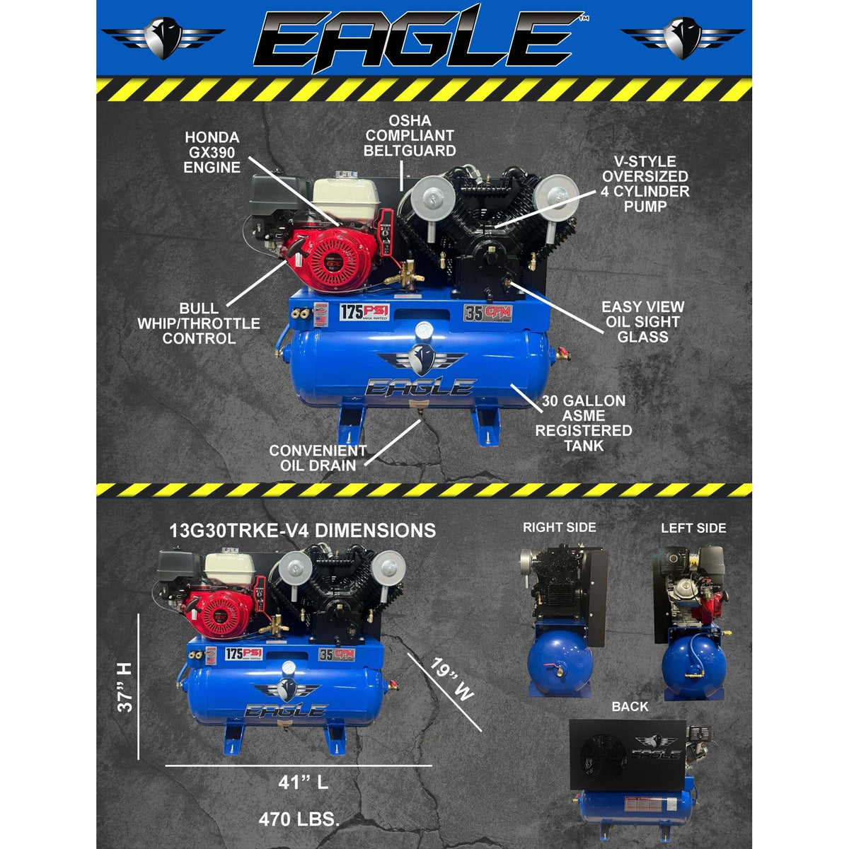Eagle Truck Mount Air Compressor Two Stage 175 PSI 30 Gal. 13 HP Honda GX390 Electric Start New