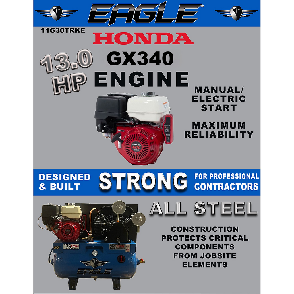 Eagle Truck Mount Air Compressor 175 PSI 30 Gal. 24 CFM 13 HP Honda GX340 Electric Start 11G30TRKE New