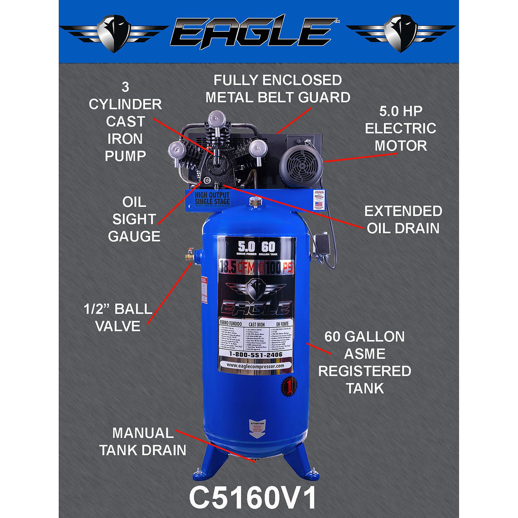 Eagle C5160V1 Air Compressor Stationary 150 PSI 60 Gallon 18.5 CFM 5 HP Electric 208/230V New