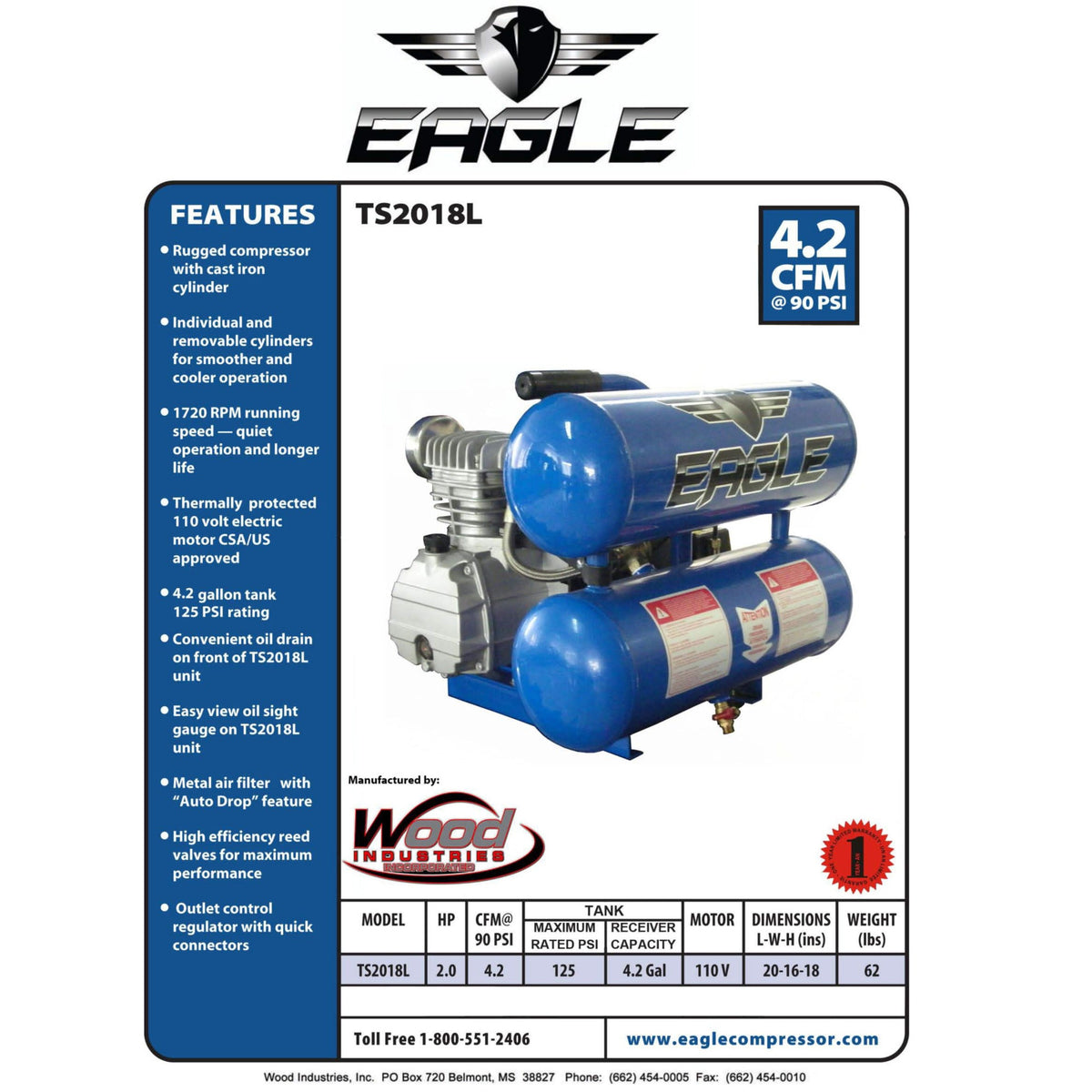 Eagle TS2018L Portable Air Compressor 125 PSI 4.2 Gal. Twin Stack 2 HP 110V New