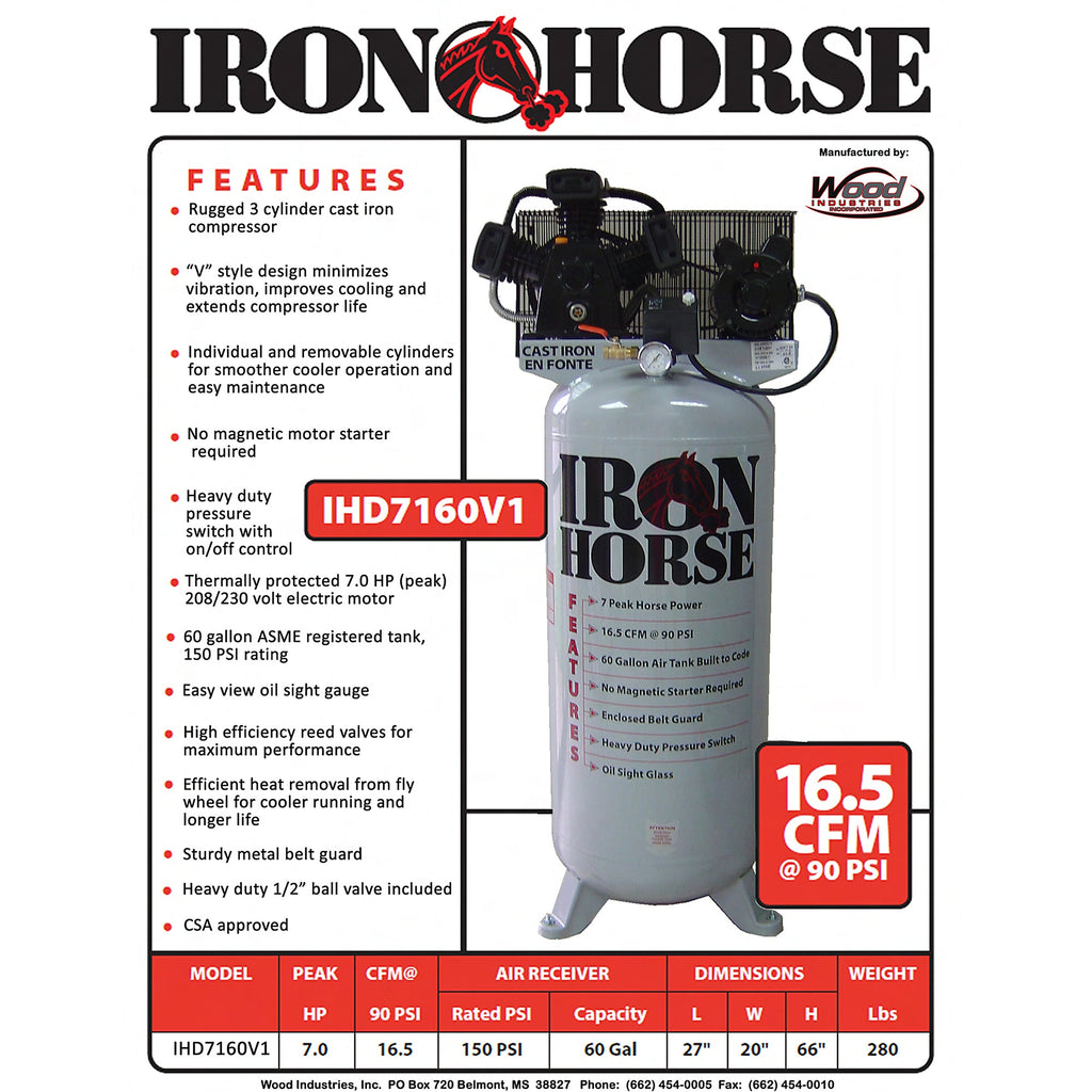 Iron Horse Stationary Air Compressor 60 Gal. 7 HP 16.5 CFM 150 PSI 208/230V IHD7160V1 New