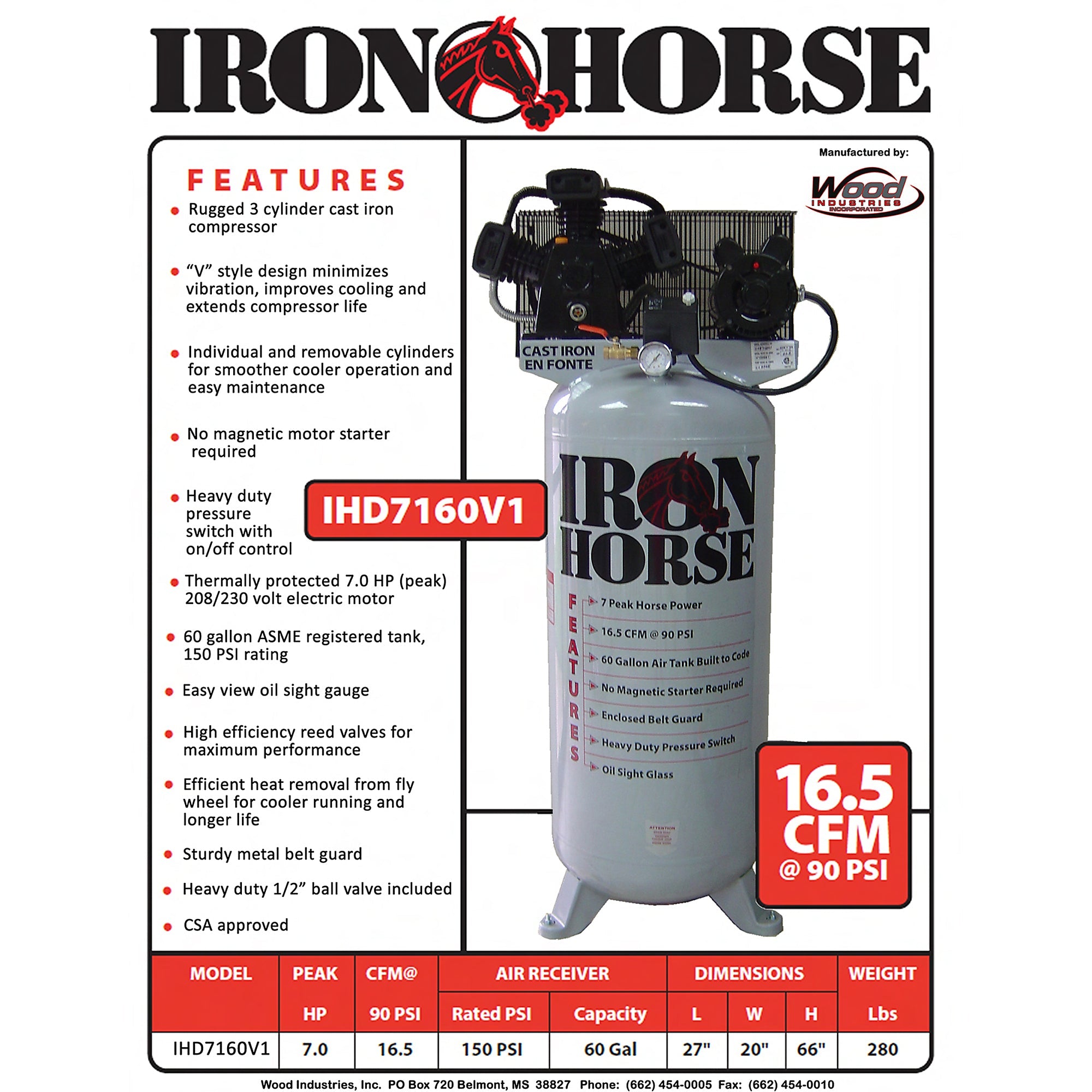 Iron Horse Stationary Air Compressor 60 Gal. 7 HP 16.5 CFM 150 PSI 208/230V IHD7160V1 New