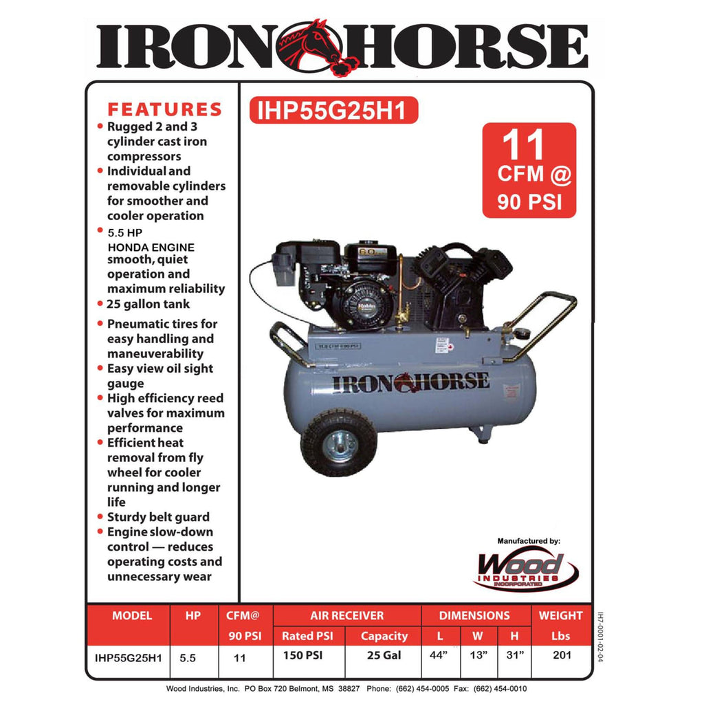Iron Horse Air Compressor 150 PSI 25 Gal. 11 CFM 5.5 HP Honda GX160 Engine IHP55G25H1 New
