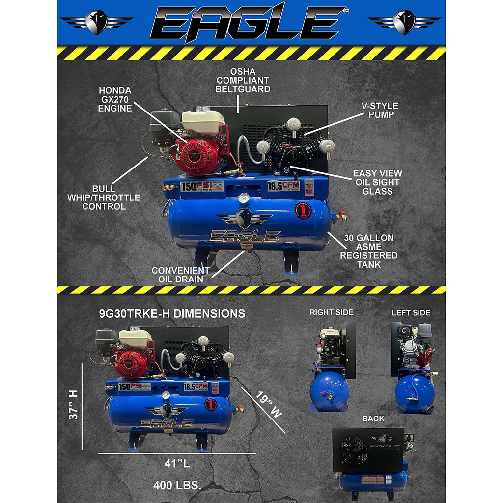 Eagle Truck Mount Air Compressor 150 PSI 30 Gal. 18.5 CFM 9 HP Honda GX270 Electric Start 9G30TRKE-H New