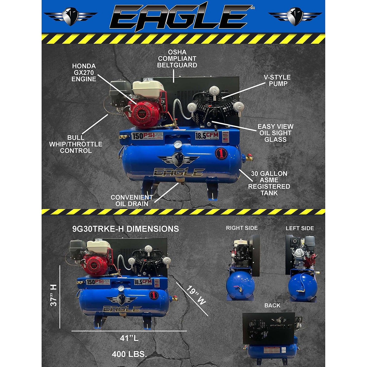 Eagle Truck Mount Air Compressor 150 PSI 30 Gal. 18.5 CFM 9 HP Honda GX270 Electric Start 9G30TRKE-H New