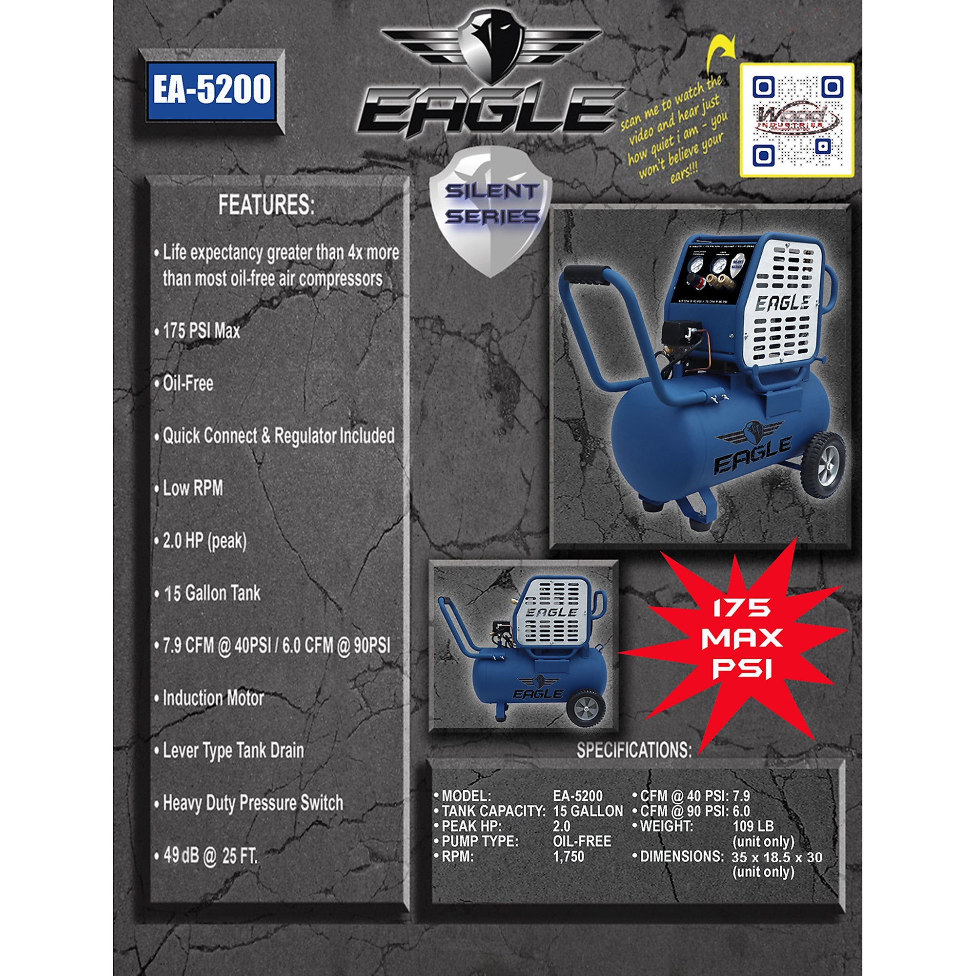 Eagle EA-5200 Silent Series Air Compressor 175 PSI 15 Gallon 5 CFM 2 HP Electric 115V New