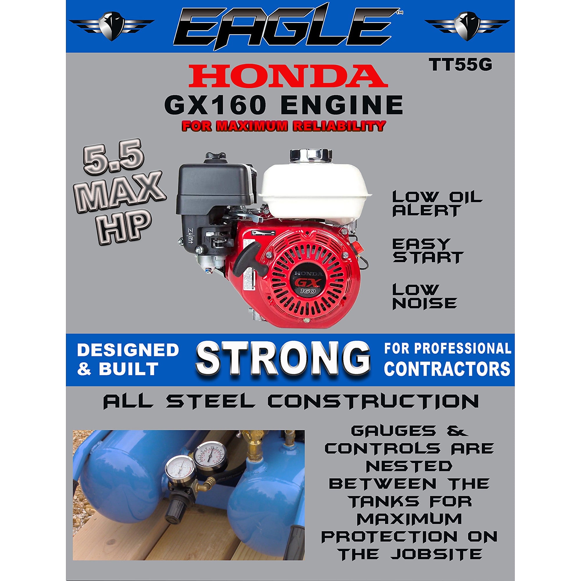 Eagle TT55G Air Compressor Wheelbarrow 150 PSI 10 Gallon 12.5 CFM 5.5 HP Honda GX160 New