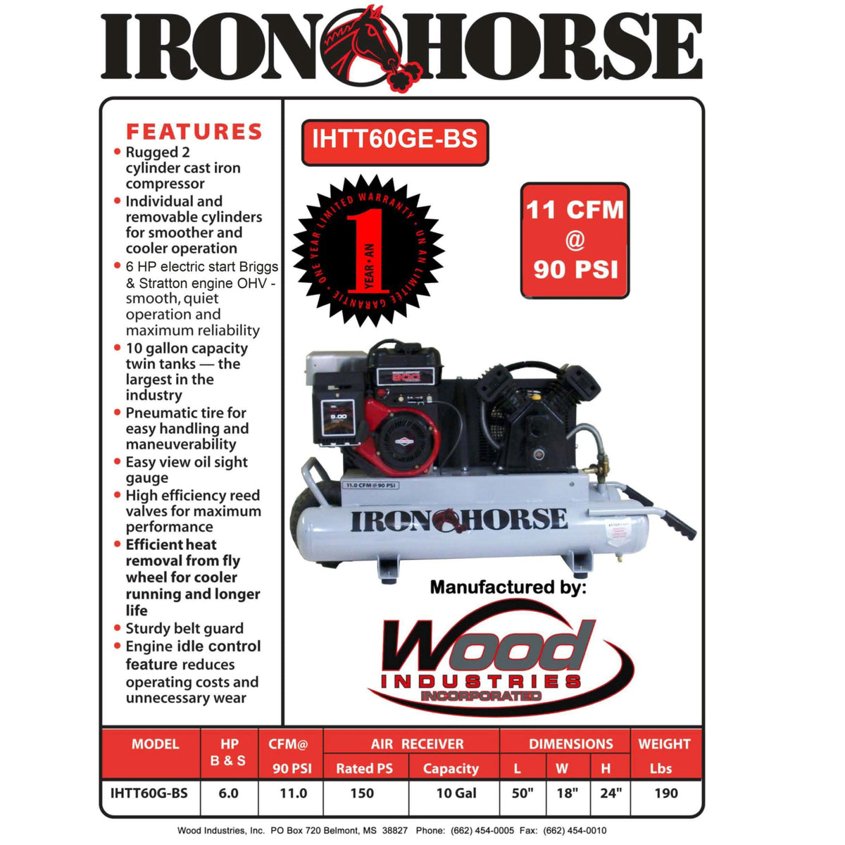 Iron Horse Air Compressor 150 PSI 10 Gal. 6 HP Briggs & Stratton Electric Start Engine New