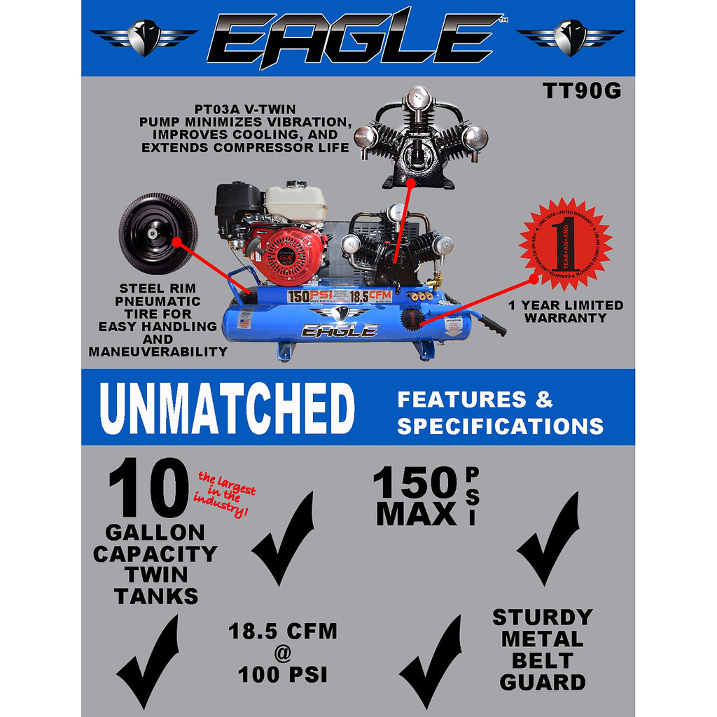 Eagle TT90G Air Compressor Wheelbarrow 150 PSI 10 Gallon 18.5 CFM 9 HP Honda GX270 New