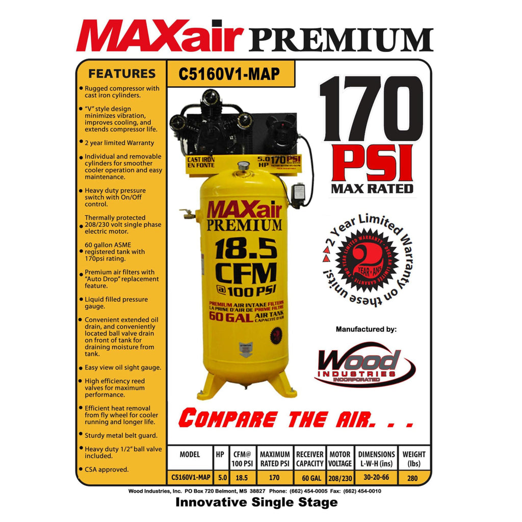 MaxAir Electric Air Compressor 170 PSI 5 HP 60 Gal. Single Stage 220V C5160V1-MAP New