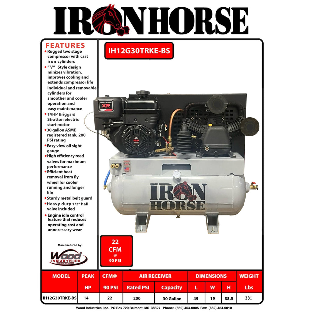 Iron Horse Air Compressor Truck Mount 175 PSI 30 Gal. 22 CFM 14 HP Briggs & Stratton Electric Start New