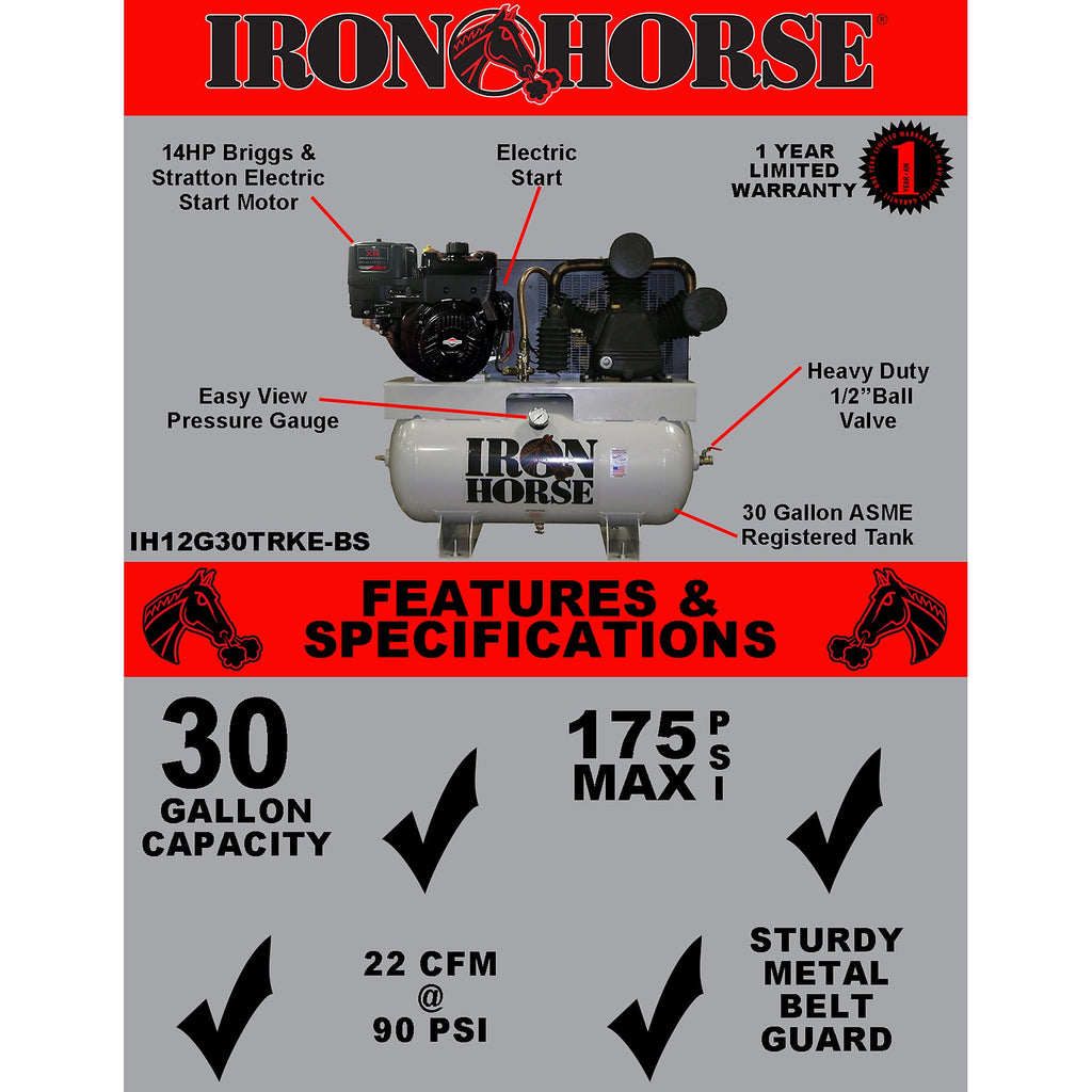 Iron Horse Air Compressor Truck Mount 175 PSI 30 Gal. 22 CFM 14 HP Briggs & Stratton Electric Start New