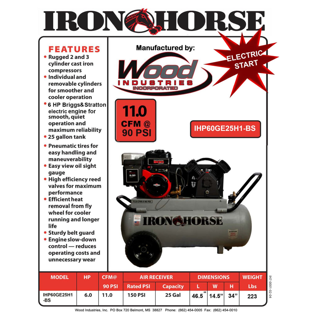 Iron Horse Air Compressor 150 PSI 25 Gal. 11 CFM 6 HP Briggs & Stratton Electric Start New