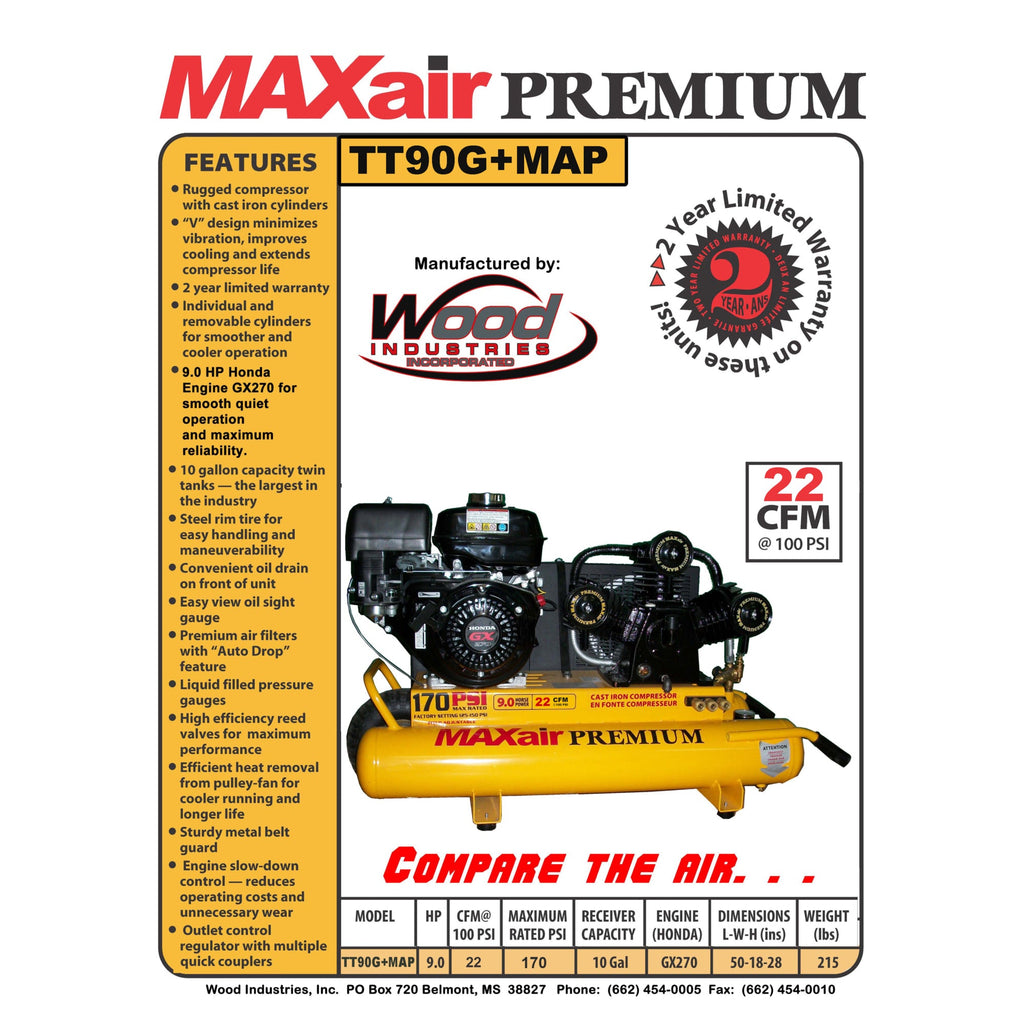 MaxAir Wheelbarrow Air Compressor 170 PSI 9 HP 10 Gal. Honda GX270 Engine TT90G-MAP New