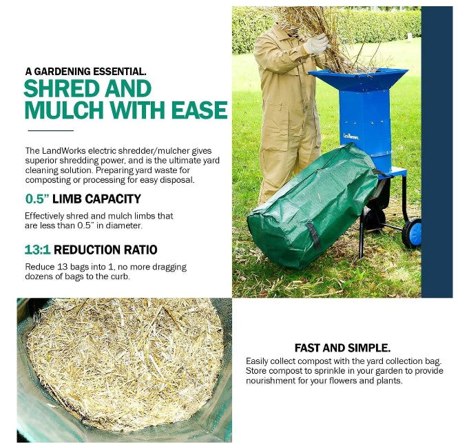 Landworks GUO049 Electric Shredder and Mulcher 120V AC 11" Cutting Blade .5" Cutting Capacity New