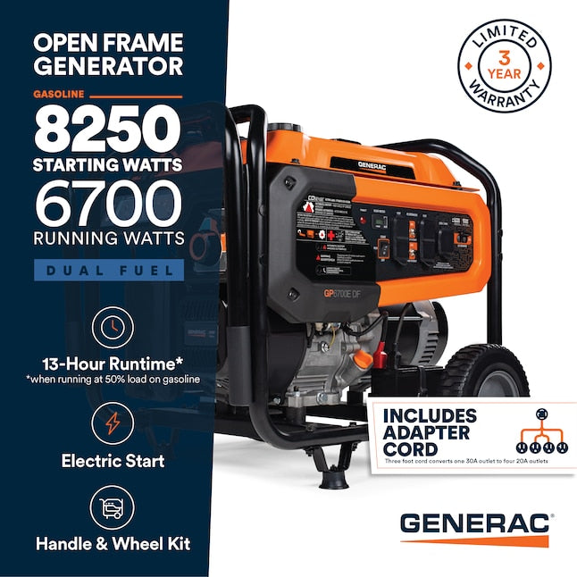 Generac GP6700EDF 6700/8250W Generator Dual Fuel Gas Propane Electric Start COSense 8062 RFB