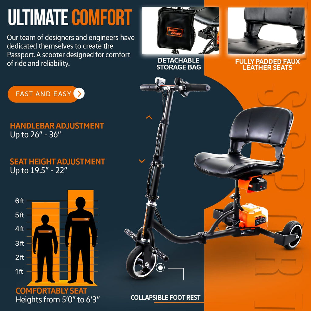 Super Handy GUT112 Passport Folding Mobility Scooter 3 Wheeled Lightweight Long Range New