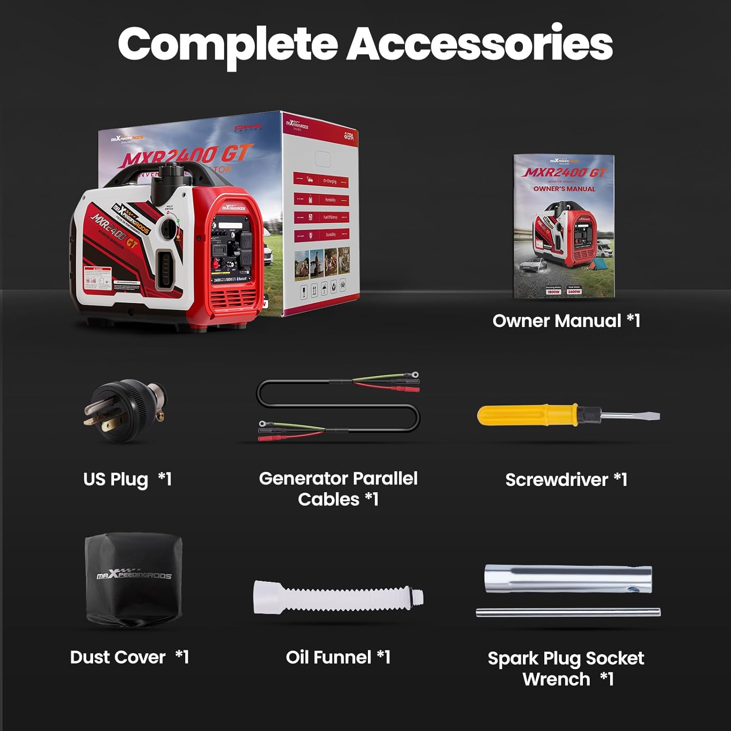 Maxpeedingrods 1800W/2400W Inverter Generator Gas Low THD CO Alert Bluetooth App MXR2400GT-US New